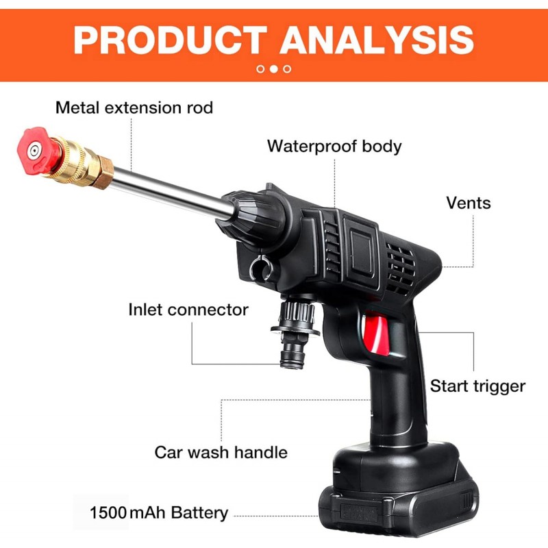 Nettoyeur haute pression sans fil Morelian, nettoyeur haute pression portable 50 PSI avec batterie et chargeur 24 V 1500 mAh