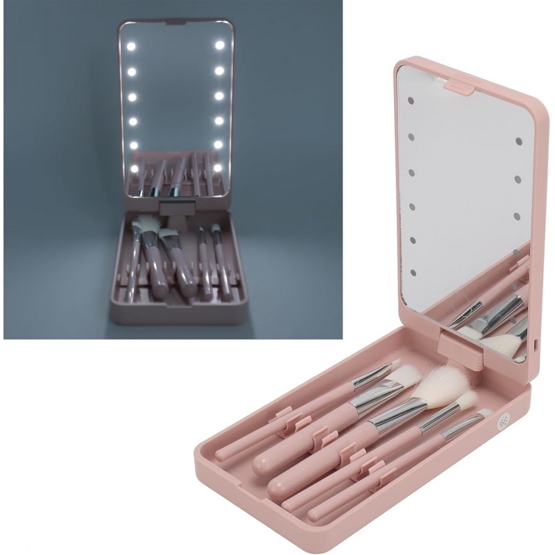 Ensemble de Pinceaux de Maquillage, Pinceaux de Maquillage de Voyage avec Miroir LED Rotatif et Pliable, Ensemble de Pinceaux de