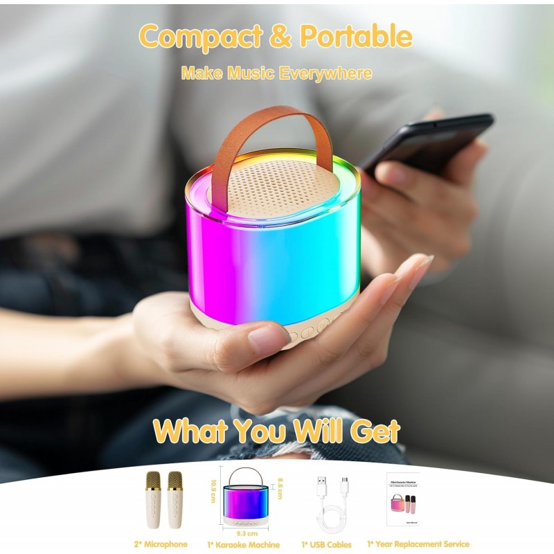 Ankuka Machine Karaoké Portable avec 2 Microphones sans Fil, Enceinte Bluetooth avec Effets Lumineux pour Enfants et Adultes,