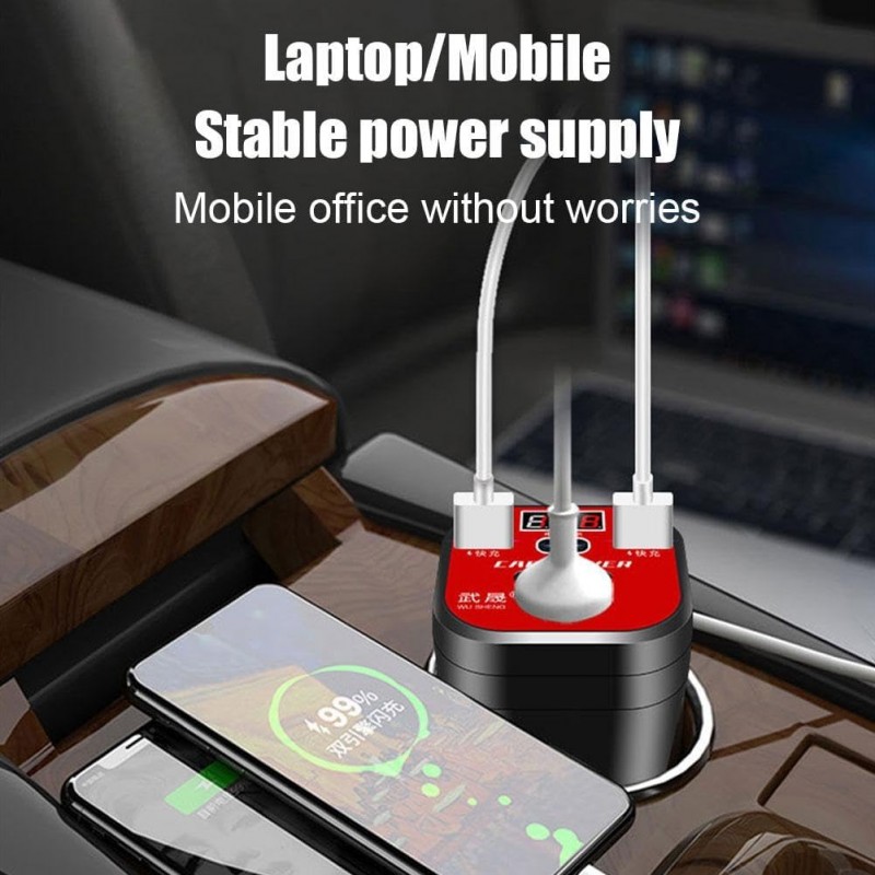 Convertisseur de type tasse monté sur voiture, chargeur QC, onduleur de voiture 200 W, 5 en 1 porte-gobelet design 3 USB