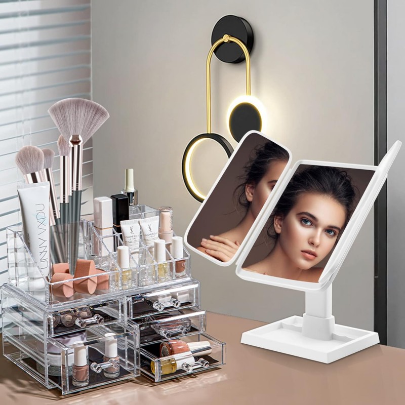 Miroir de maquillage avec lumières, miroir de courtoisie éclairé par 52 LED, miroir pliable à trois volets rechargeable de 2000