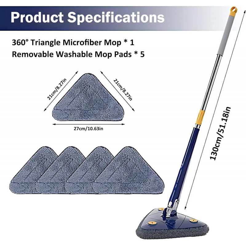 Triangle Mop Réglable Rotatif à 360°, Balai Serpillere Nettoyage Triangle , Mop Humide et sec avec 5 Chiffons pour Fenêtres,