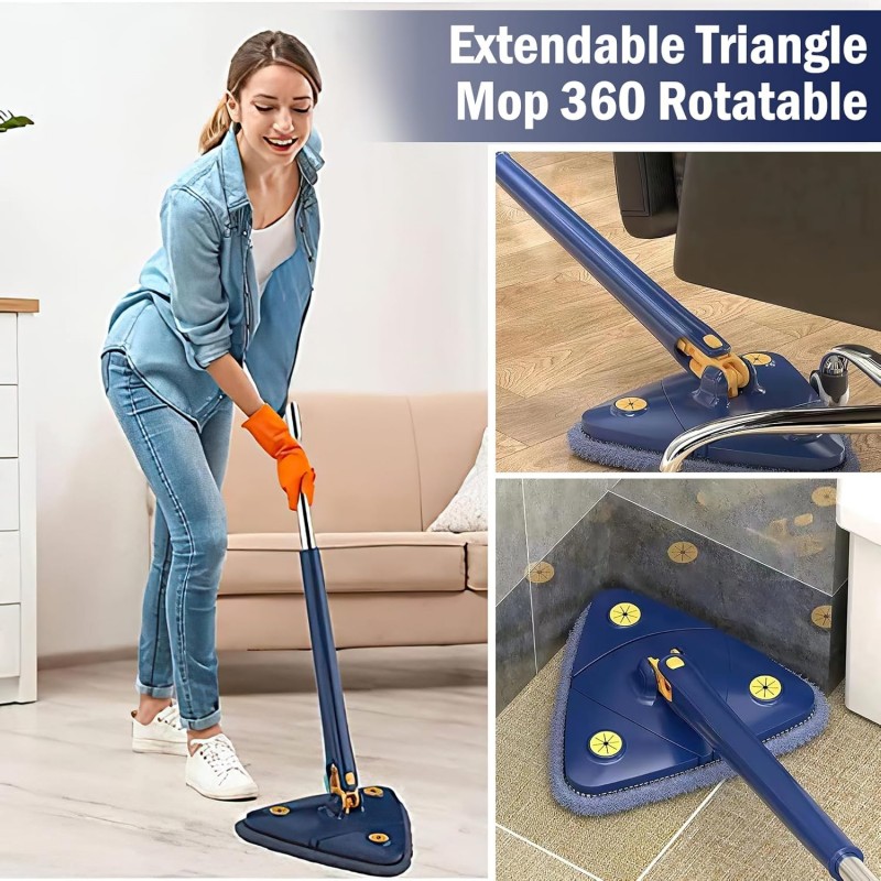 Triangle Mop Réglable Rotatif à 360°, Balai Serpillere Nettoyage Triangle , Mop Humide et sec avec 5 Chiffons pour Fenêtres,