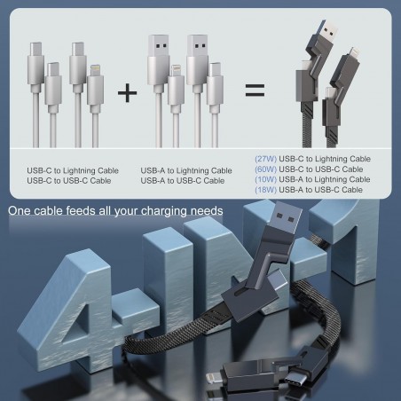 Câble Multi USB C 60W 4-en-1 pour CarPlay et Synchronisation de Données [Certifié MFi] Multi Chargeur USB Câble 1M USB A/USB C