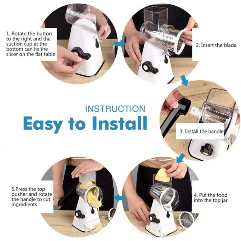 Râpe à fromage rotative manuelle - Mandoline ronde avec 3 lames interchangeables - Hachoir à légumes