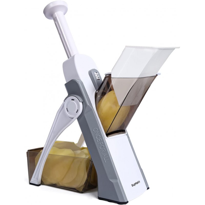 SupMaKin Mandoline de Cuisine Safety Slicer Manuelle Multifonction Tous Coupe Légumes Lame en acier inoxydable, Julienne, Cubes,