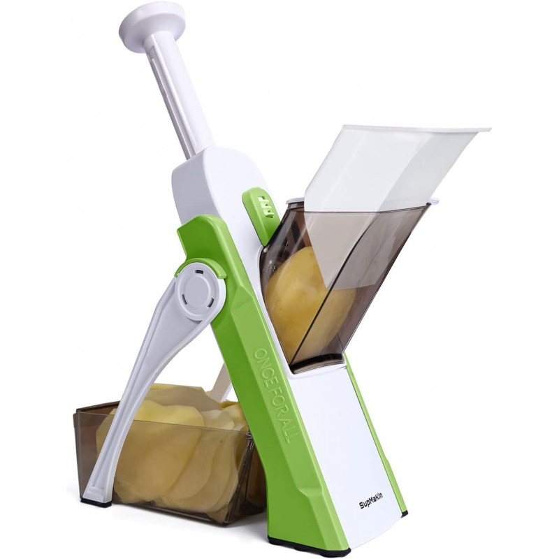 SupMaKin Mandoline de Cuisine Safety Slicer Manuelle Multifonction Tous Coupe Légumes Lame en acier inoxydable, Julienne, Cubes,