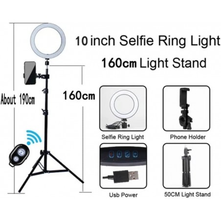 10 "rvb Selfie Anneau Lumineux Cercle LED lumière de Remplissage Lampe à intensité Variable vidéo Trepied Maquillage