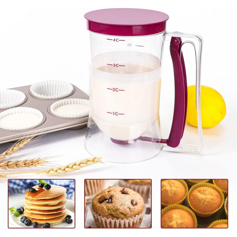 Webake Distributeur de pâte à crêpes manuel 900 ml avec étiquette de mesure pour cupcakes