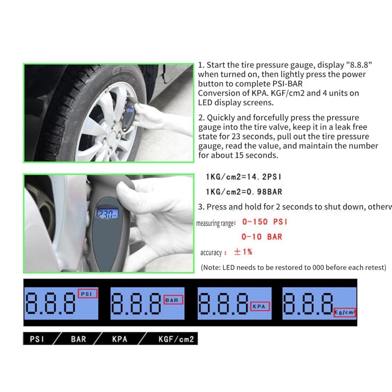 LUCKGONI Jauge de pression des pneus numérique avec grand écran LCD - Vérificateur précis de pression d'air des pneus pour