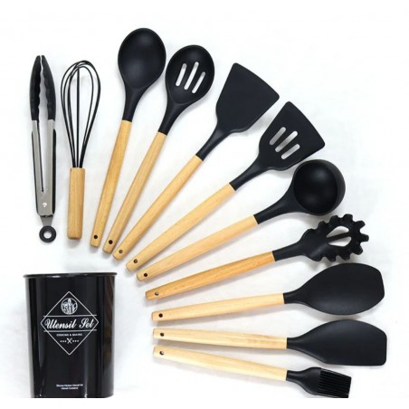 Ustensiles de Cuisine,Lychee 12PCS Kit d'Ustensiles de Cuisine en Silicone et Bois, Ustensiles Cuisine Antiadhésive Set avec Pot